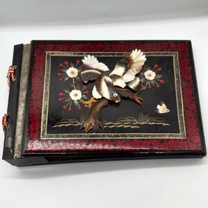 Vintage Japanese Lacquer Photo Album Music Box – 3D Bird Design – Mid-Century